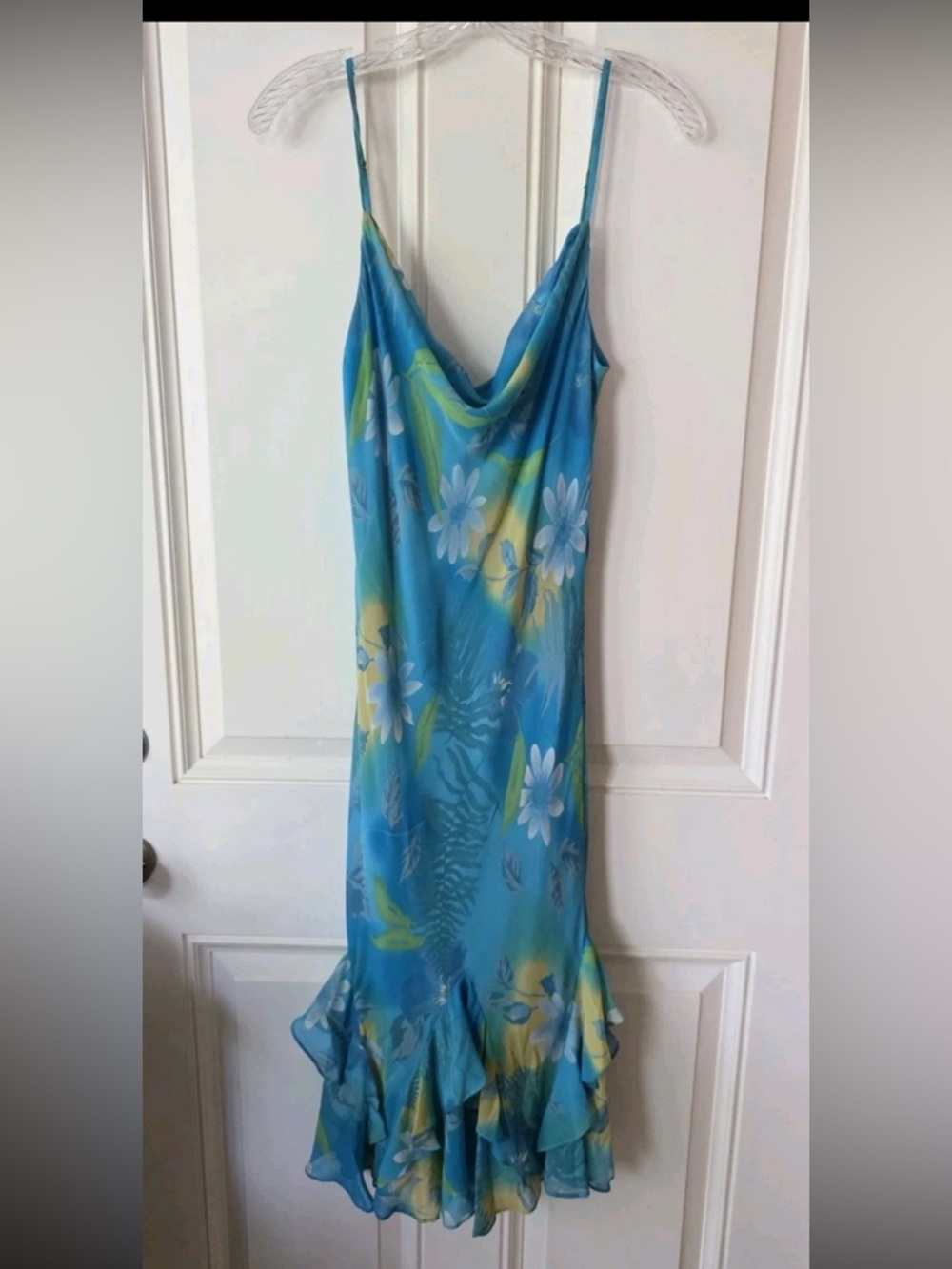 Y2K Lillie Rubin Blue Silk Floral Midi Dress Cowl Neck Spaghetti Strap Size 14